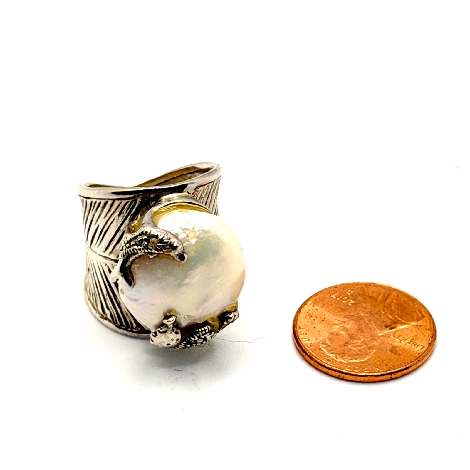 Vintage 90s Signed Collins Fine Jewelry Sterling Mabe Pearl Dolphin Ring