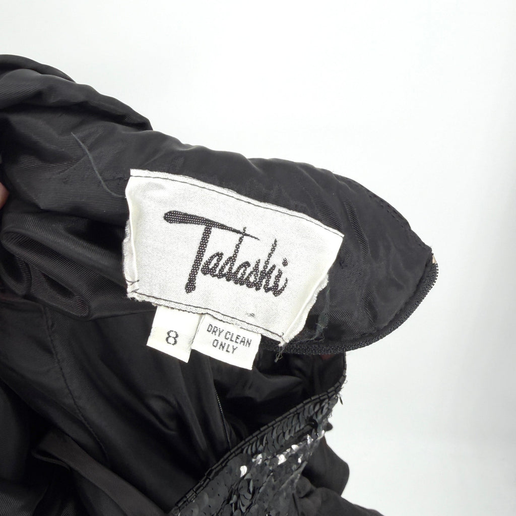 Vintage 80s Tadashi Black Ruched Sequin Strap Glam Cocktail Party Dress