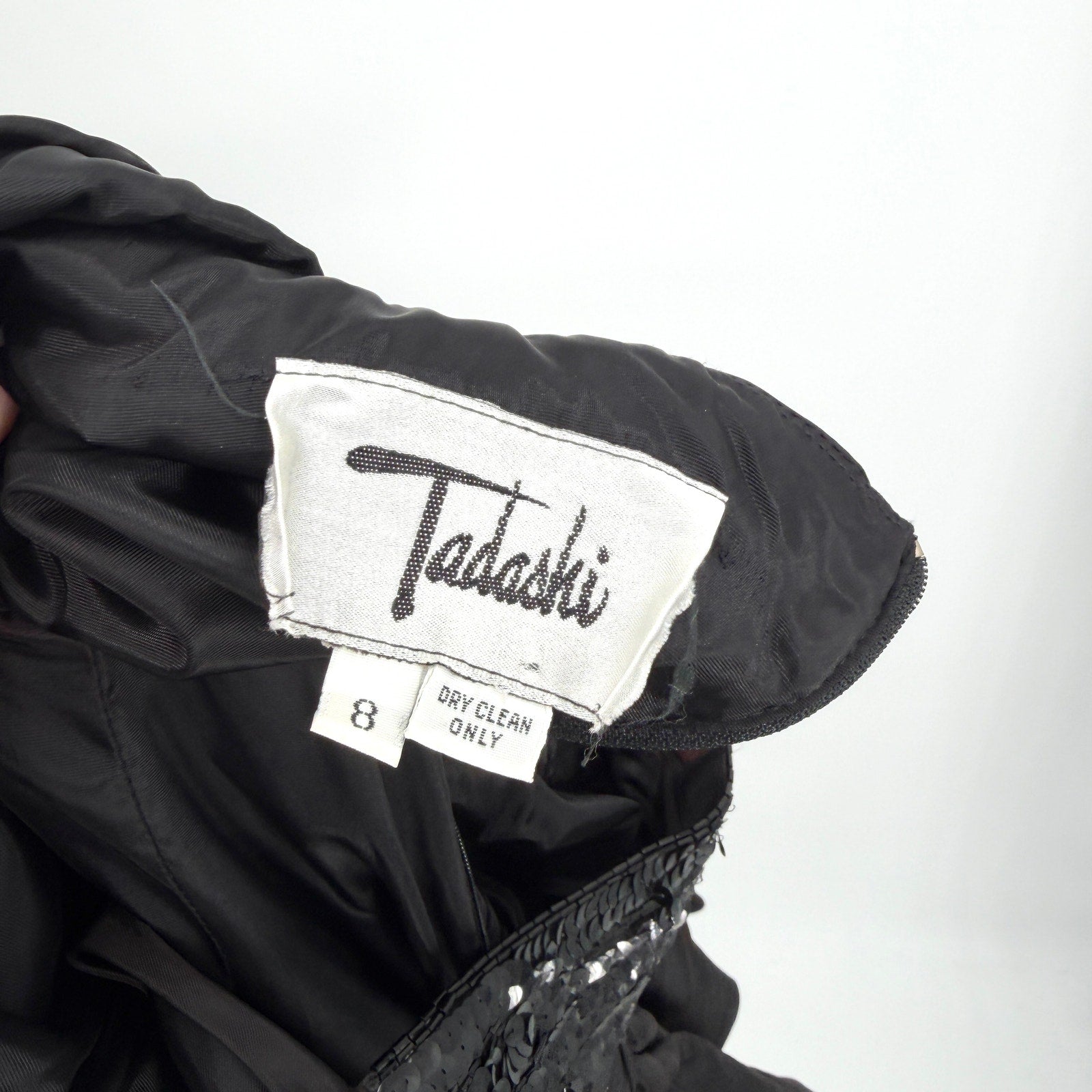 Vintage 80s Tadashi Black Ruched Sequin Strap Glam Cocktail Party Dress