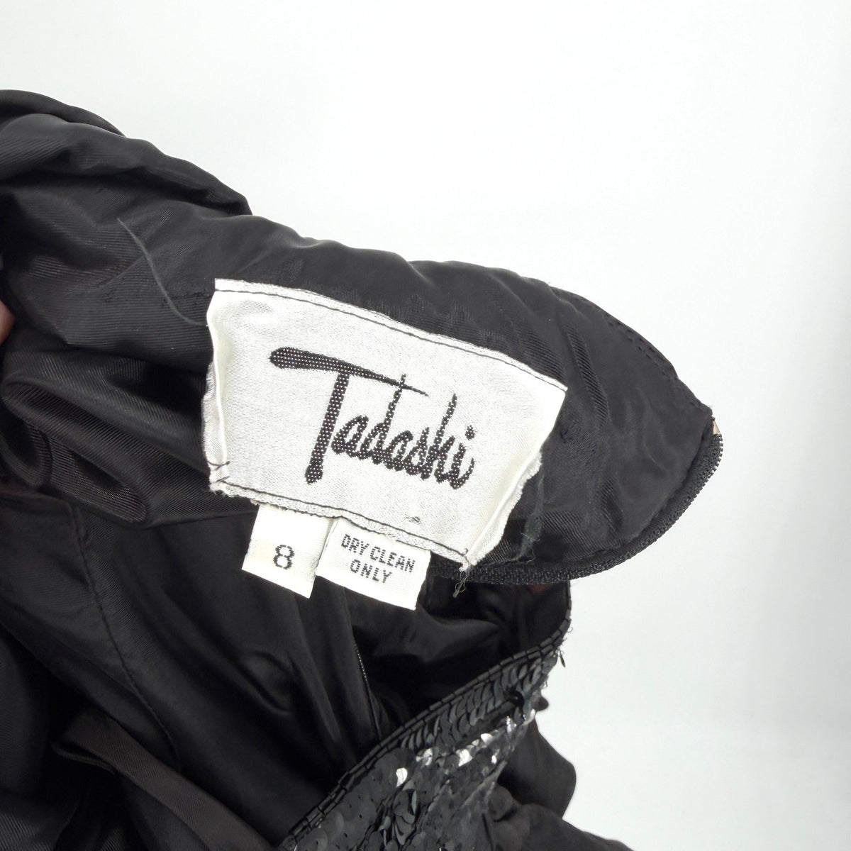 Vintage 80s Tadashi Black Ruched Sequin Strap Glam Cocktail Party Dress