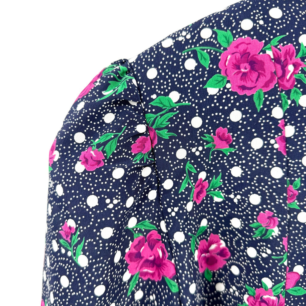 Vintage 80s Blue Floral Polka Dot Sweetheart Dropped Waist Sailboat Collar Dress