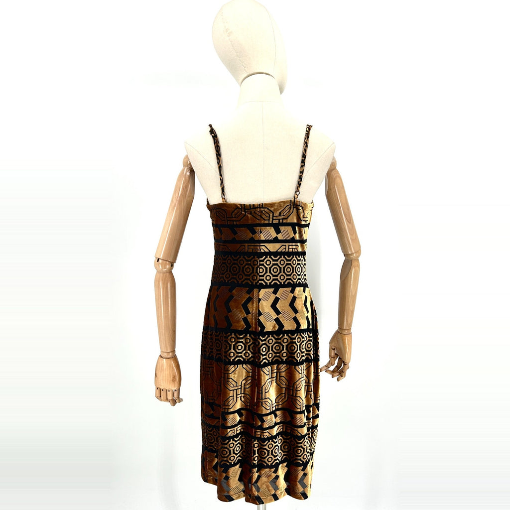 Nicole Miller Studio Black Bronze Velvet Burnout Stretchy Art Deco Midi Dress