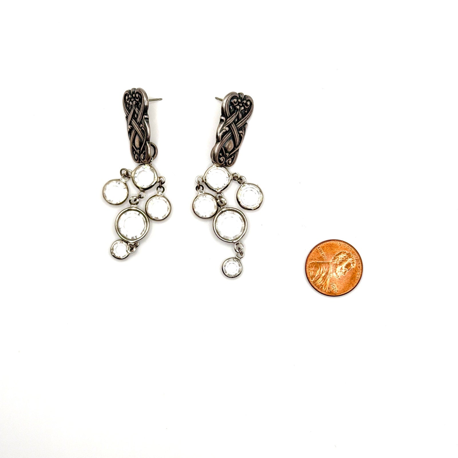 Vintage 90s Sterling Silver Clear Glass Stamped Chandelier Drop Earrings