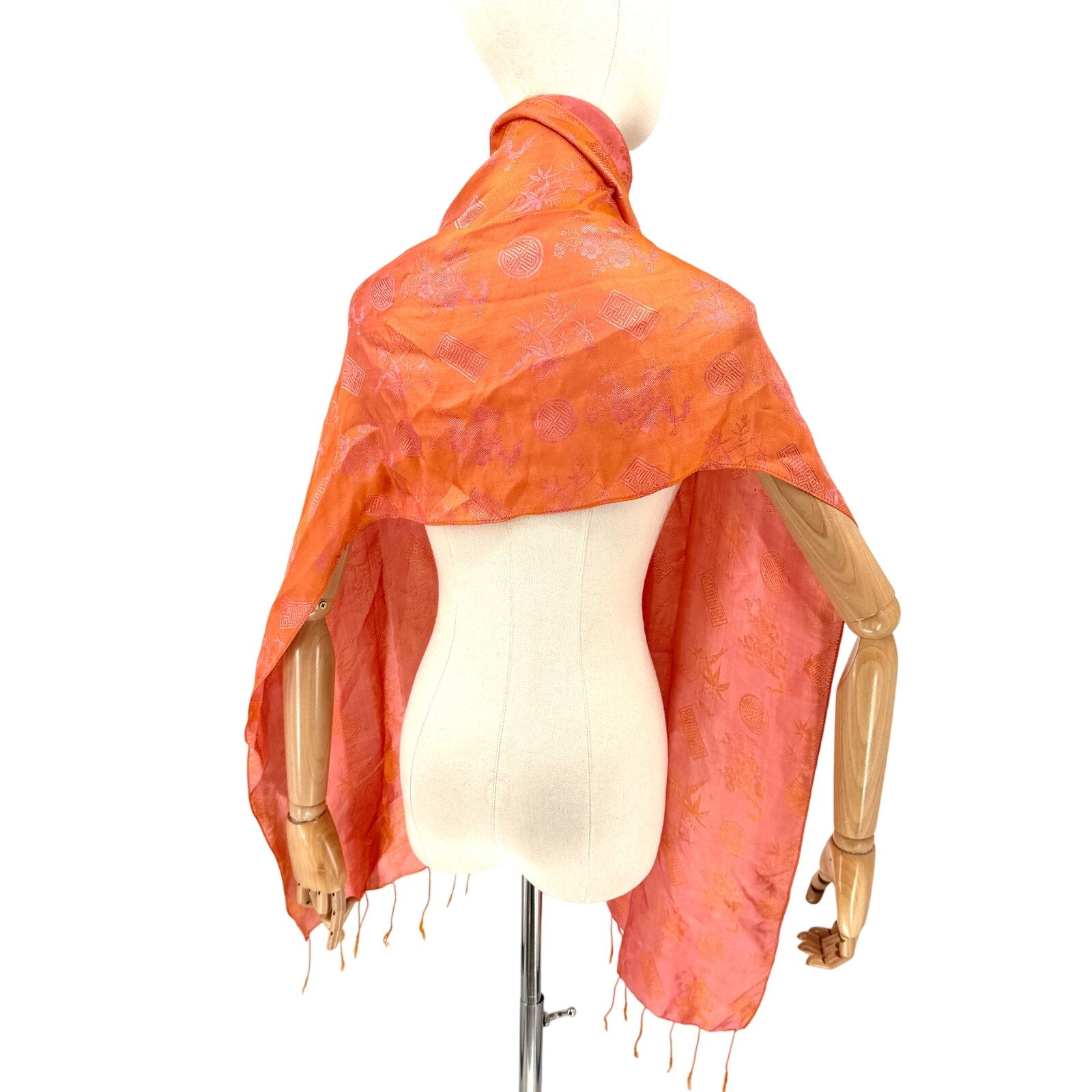 Pink Peach 100% Silk Chinoiserie Shou Pattern Scarf