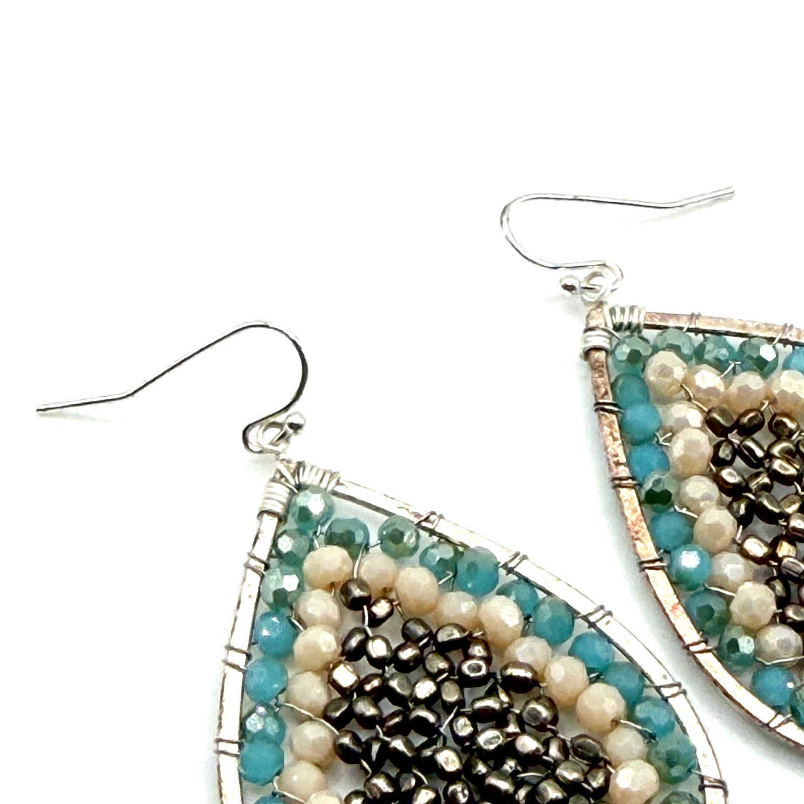 Vintage Y2K Sterling Silver Hematite Blue Beige Teardrop Dangle Earrings