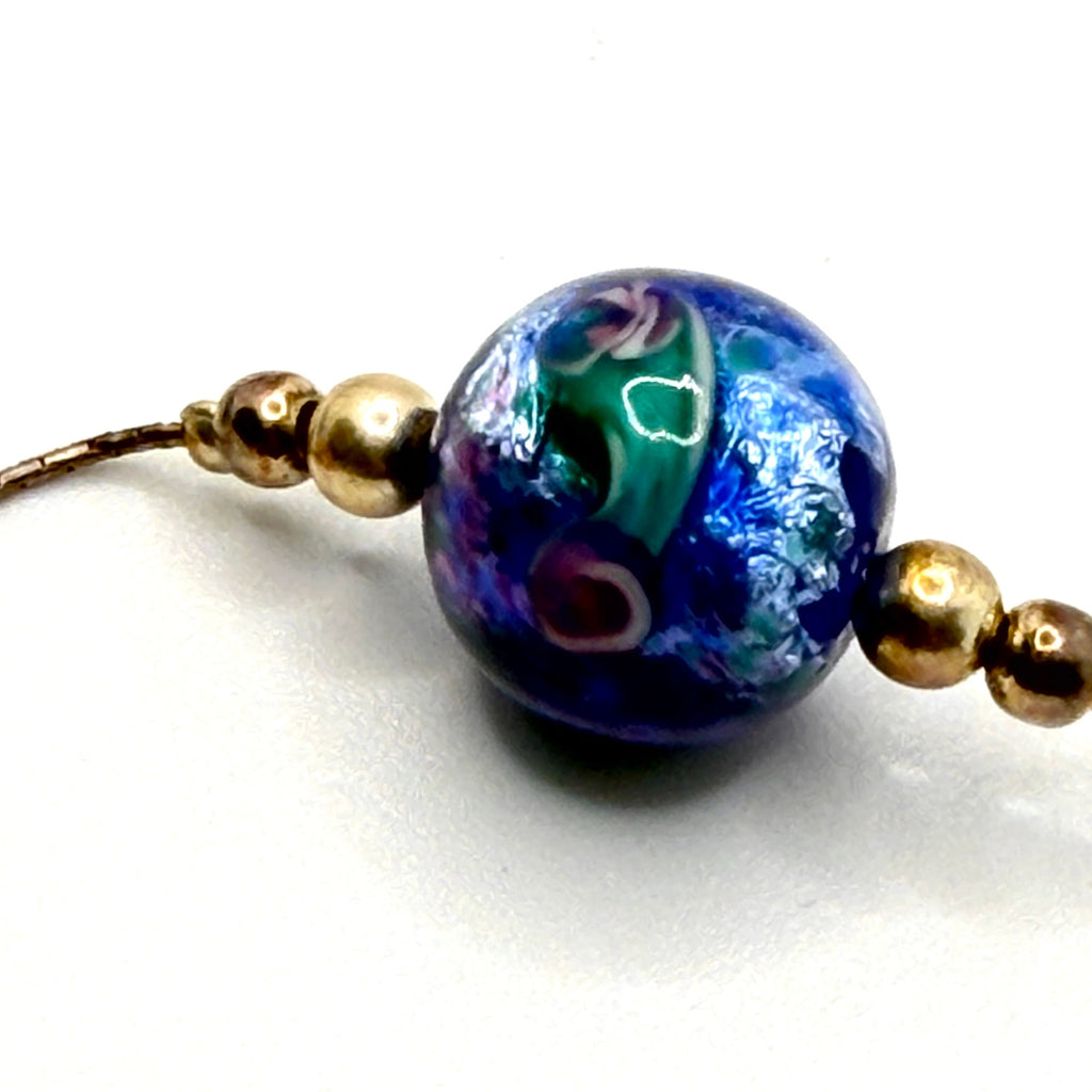 Vintage 90s Blue Glass Lampwork Floral Hand Blown Necklace
