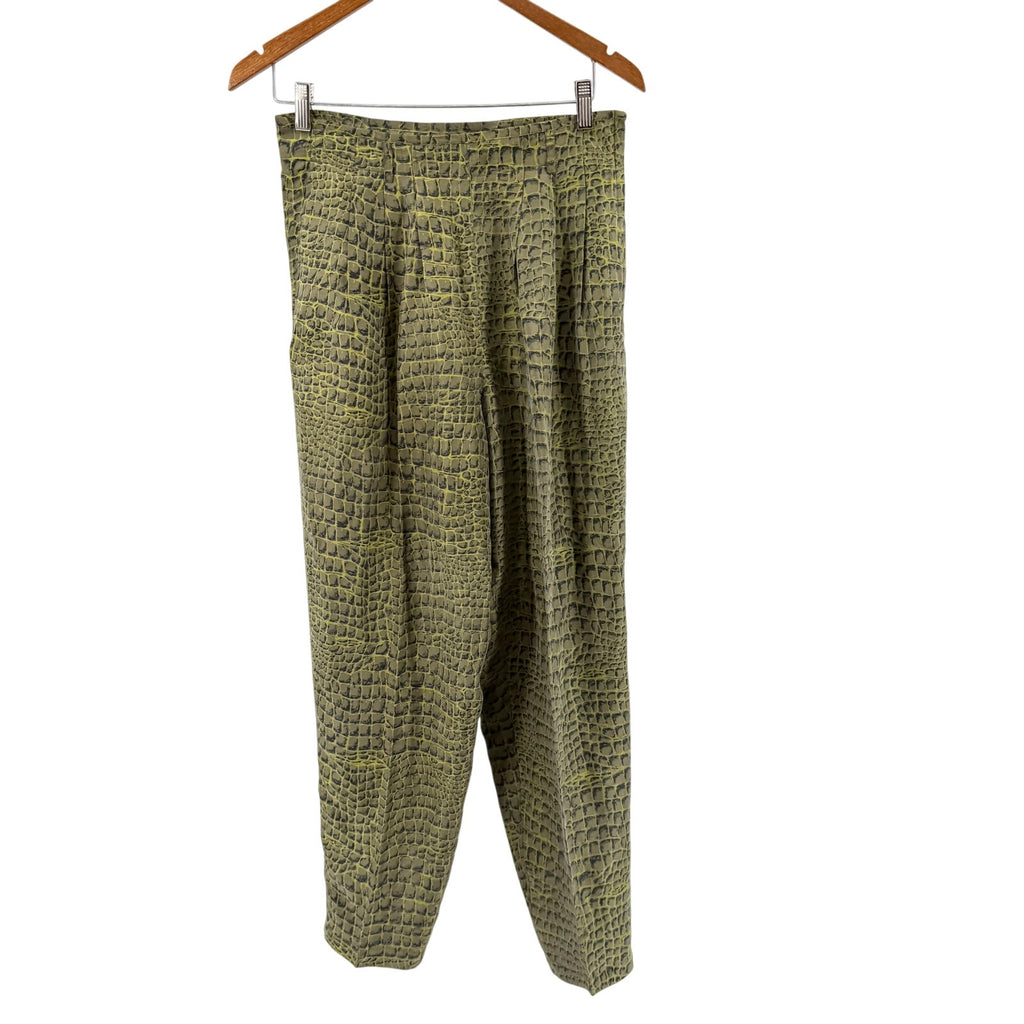 Vintage 90s Diane Gilman Green 100% Silk Alligator Croc Print Taper Leg Pants
