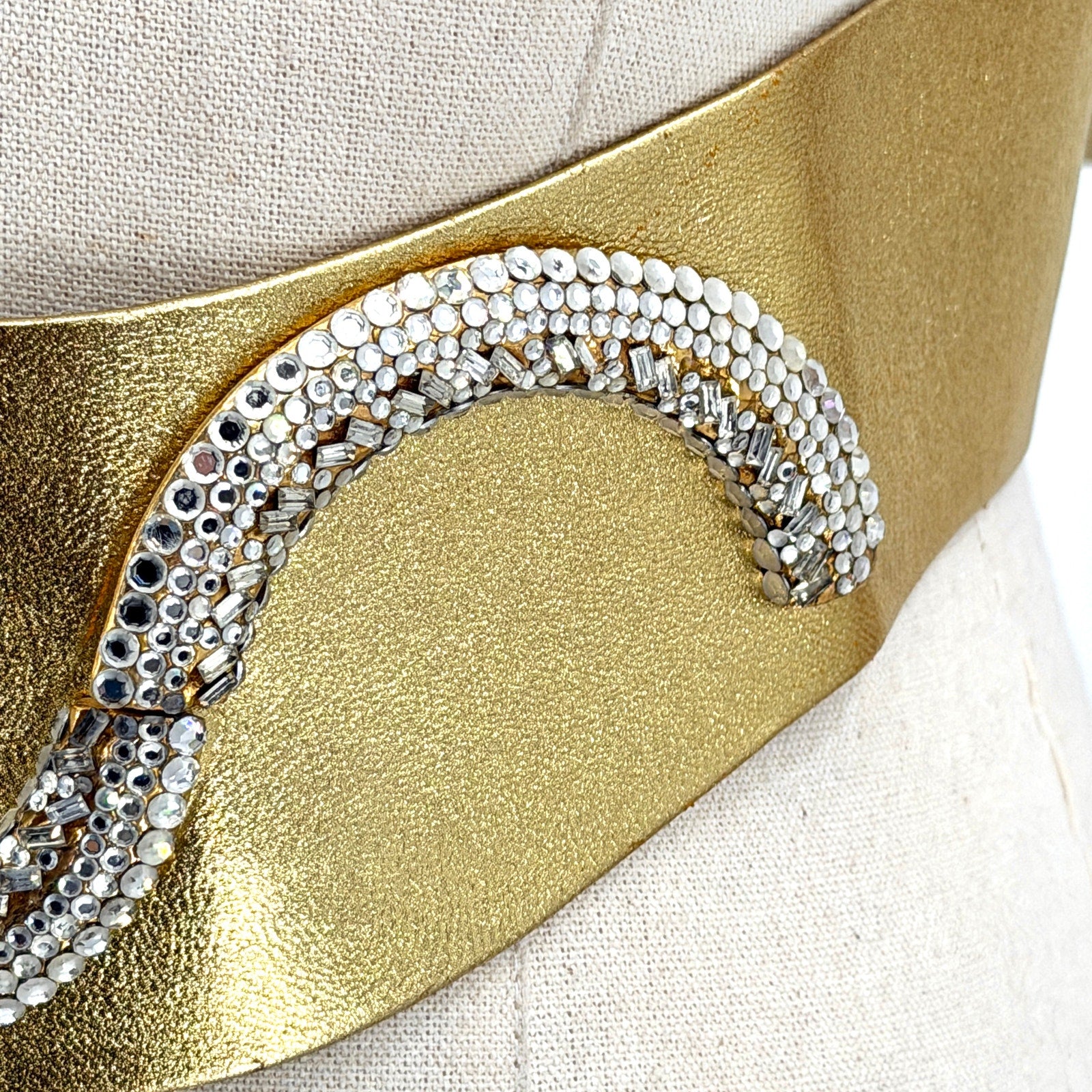 Vintage 80s Henryks Bijoux Gold Genuine Leather Austrian Crystal Belt