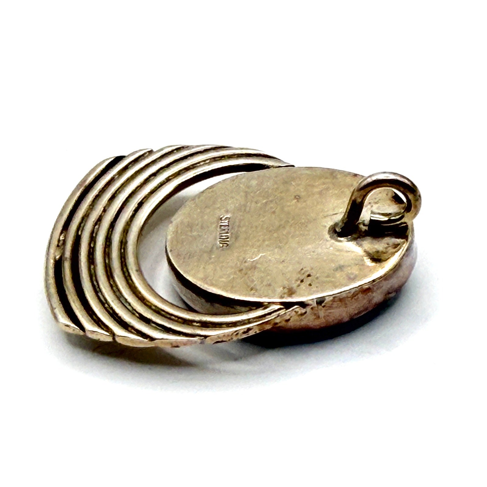 Vintage 90s Blue Tiger Eye Stamped Sterling Silver Modernist Crescent Pendant