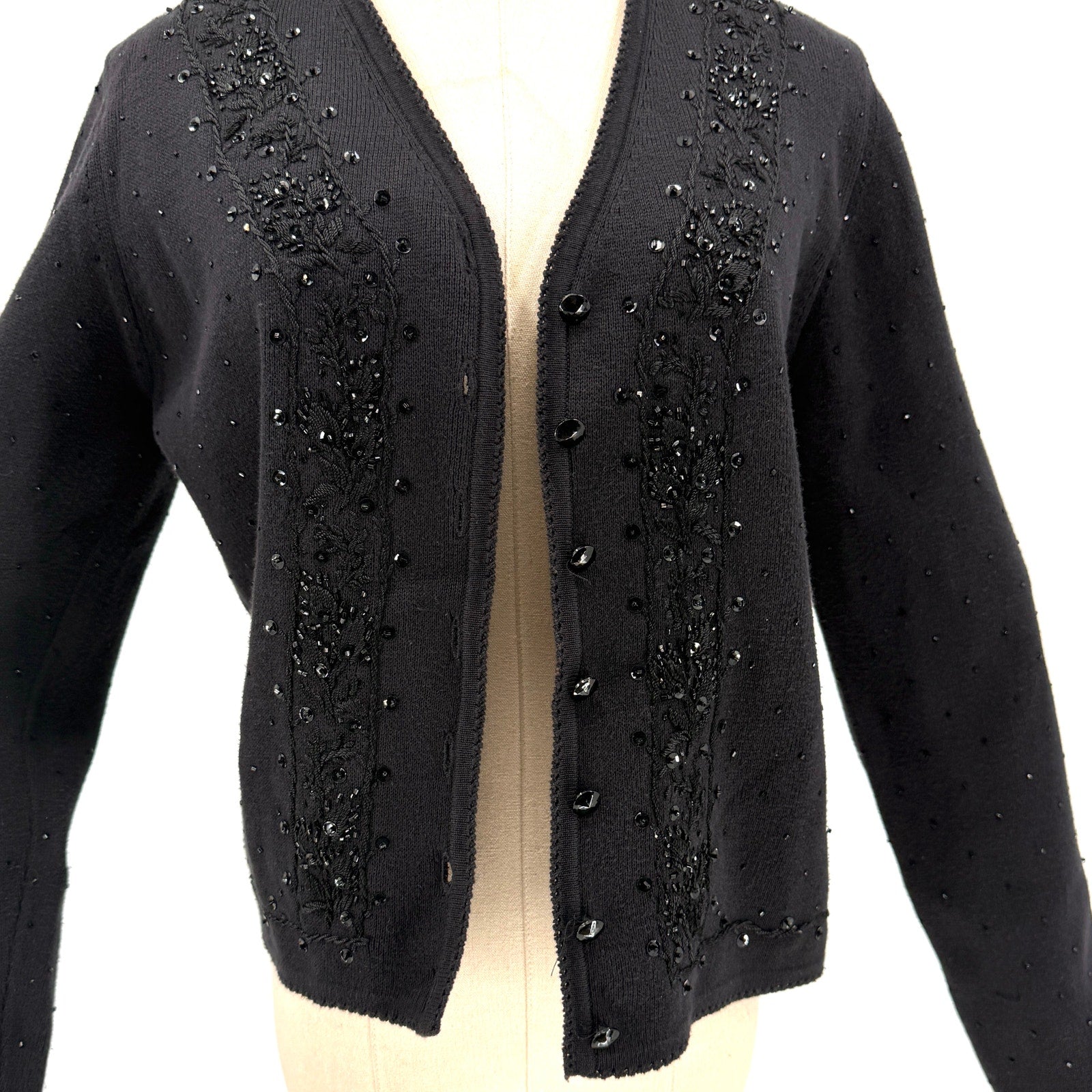 Vintage 90s Black 100% Cotton Beaded Sequin Cardigan