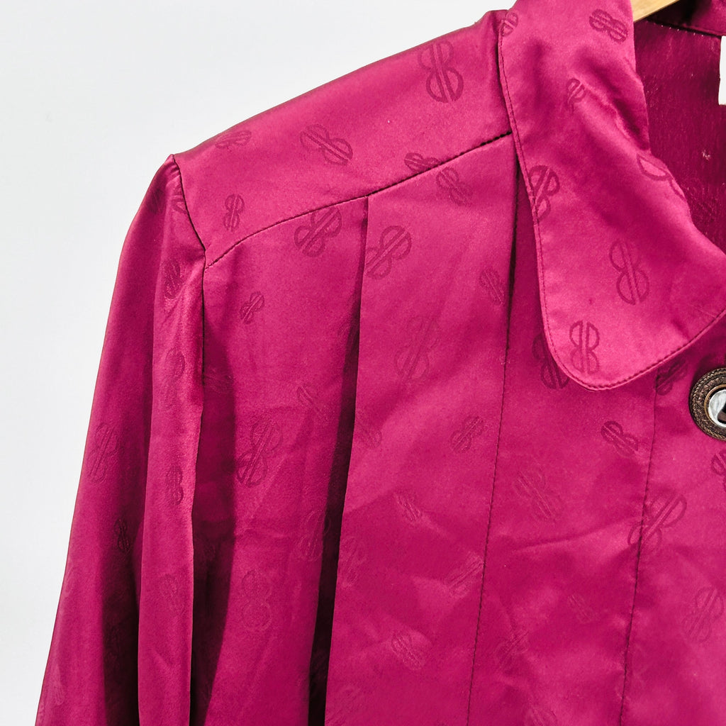Vintage 80s Bill Blass Magenta Satin Monogram Jacquard Blouse