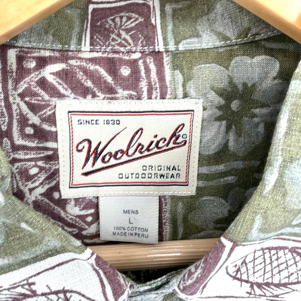 Vintage 90s Woolrich Olive Green Maroon Floral Fish Cotton Tropical Shirt