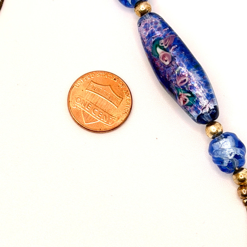 Vintage 90s Blue Glass Lampwork Floral Hand Blown Necklace