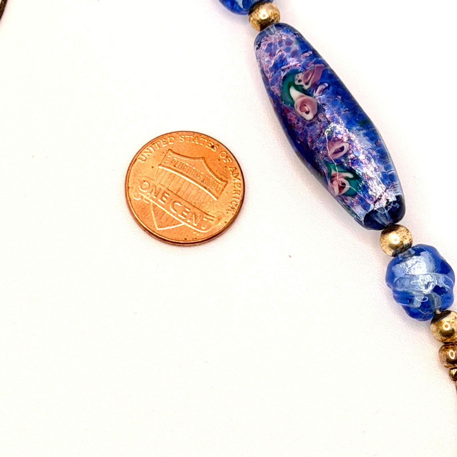 Vintage 90s Blue Glass Lampwork Floral Hand Blown Necklace