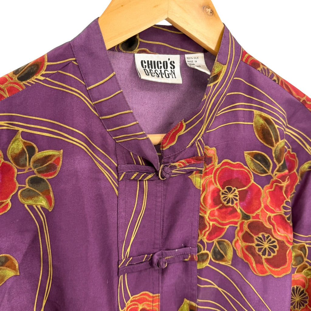 Vintage 90s Chico's Purple 100% Silk Floral Frog Button Mandarin Blouse