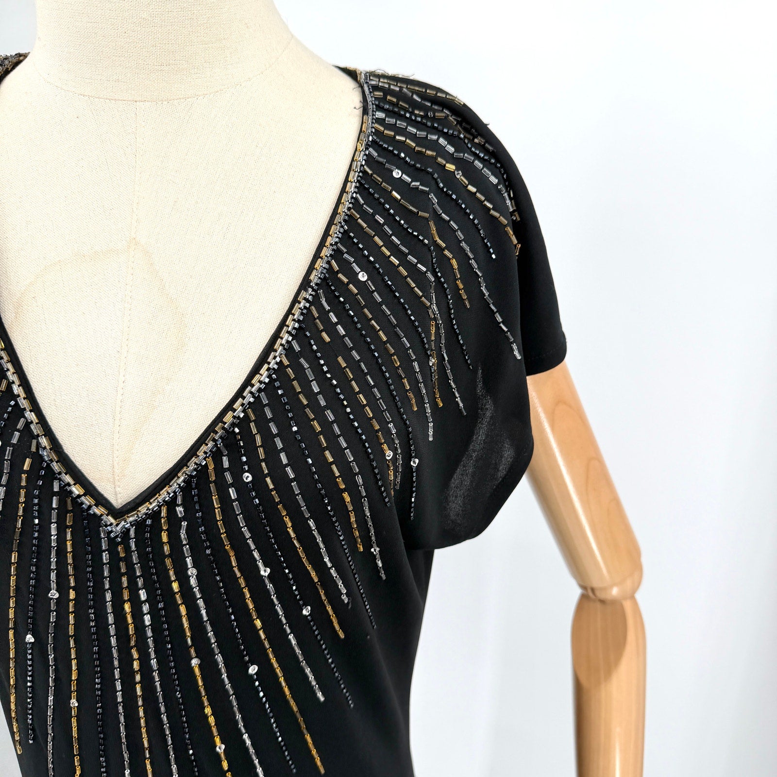 Vintage 80s Nuit Black Drop Waist Beaded Sunburst Flounce Glam Evening Dress