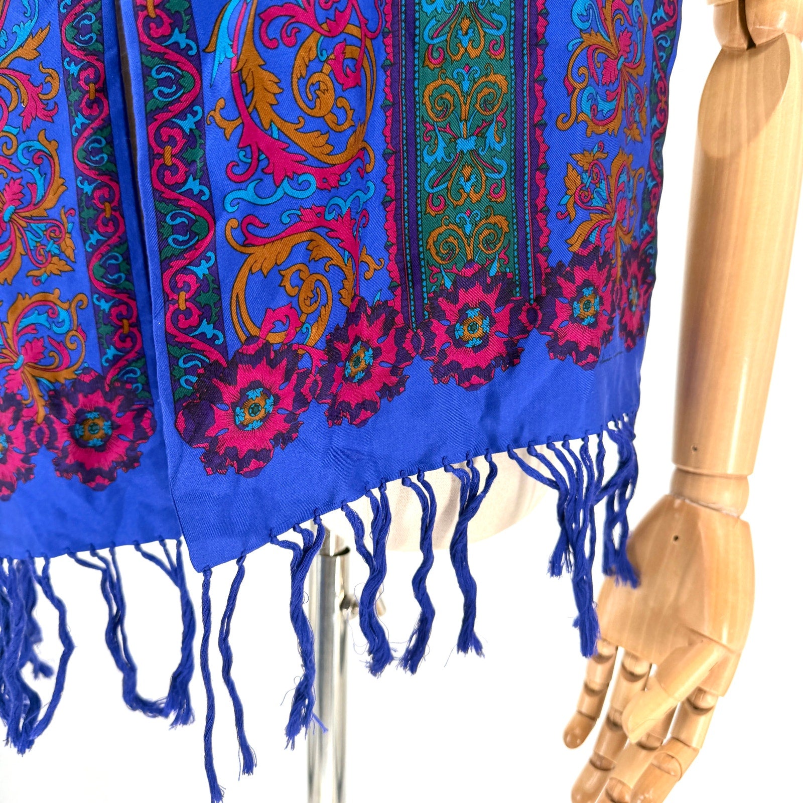 Vintage 80s Ginnie Johansen Royal Blue 100% Silk Baroque Paisley Fringe Scarf