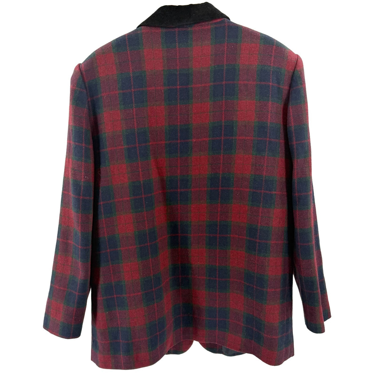 Vintage 90s Sag Harbor Red Navy Plaid Oversized Velvet Collar Blazer