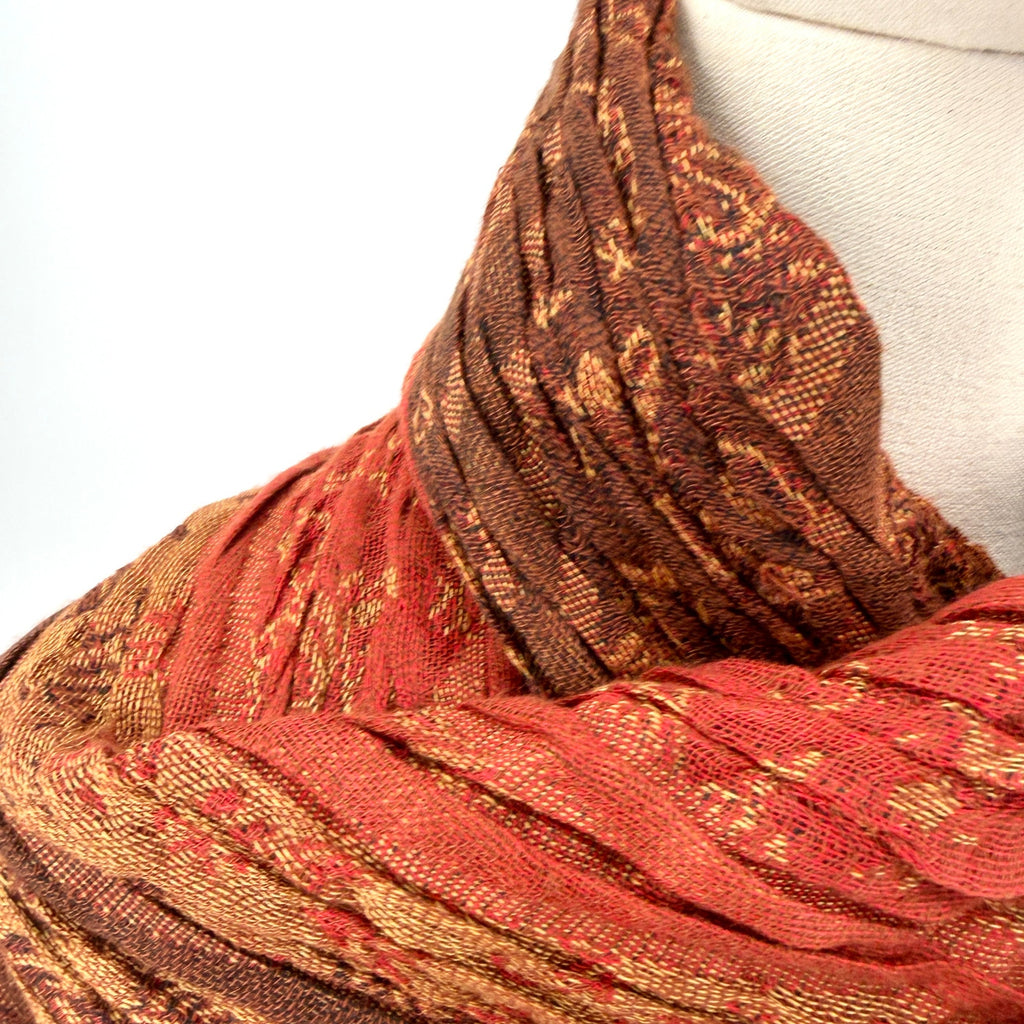 Vintage Y2K Pashmina Red Orange Woven Boho Textured Fringe Scarf