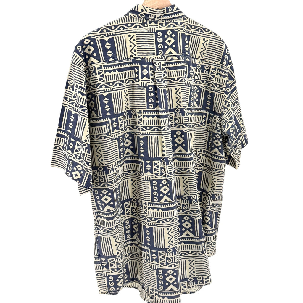 Vintage 90s Orvis Cream Indigo Blue 100% Cotton Tribal Hawaiian Shirt