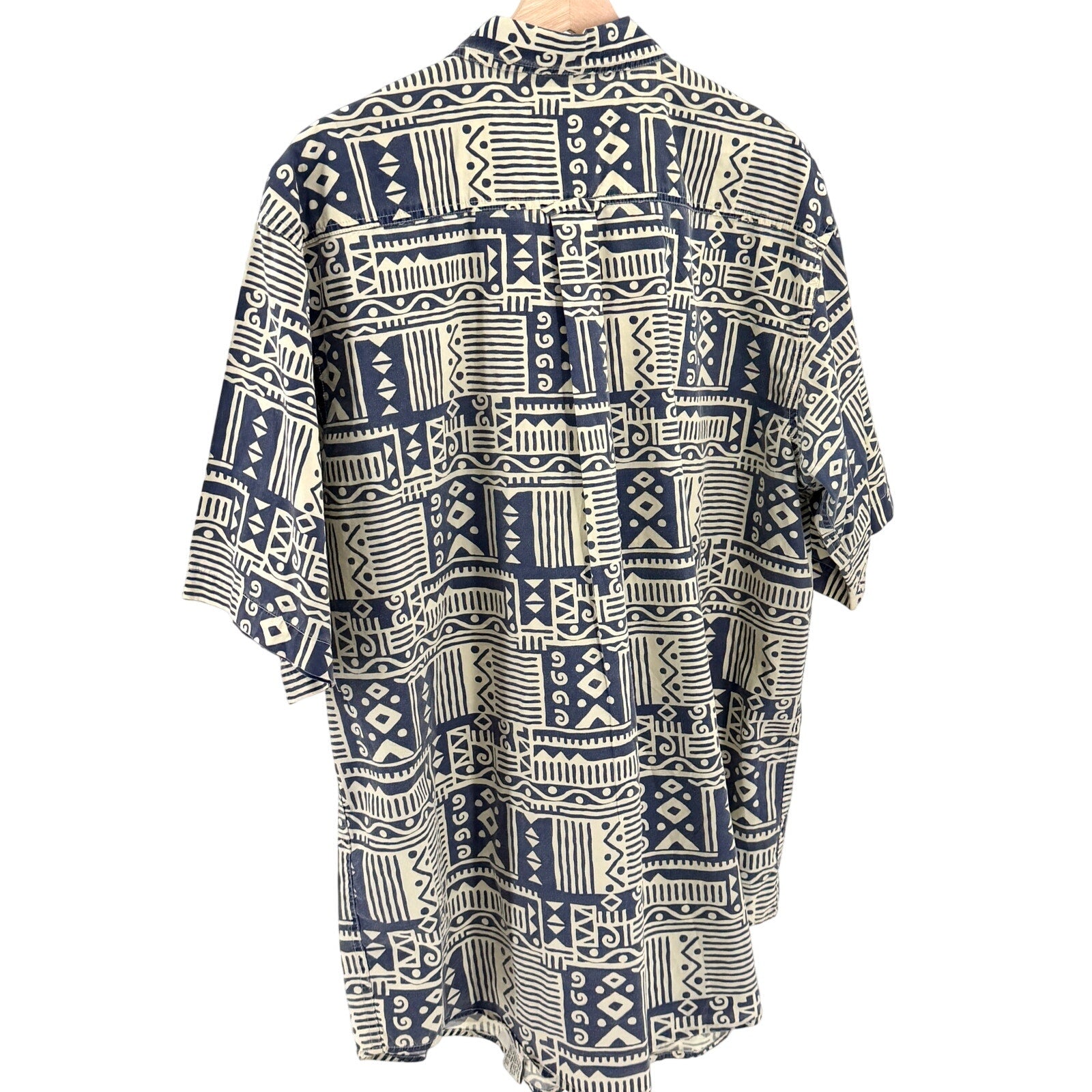 Vintage 90s Orvis Cream Indigo Blue 100% Cotton Tribal Hawaiian Shirt