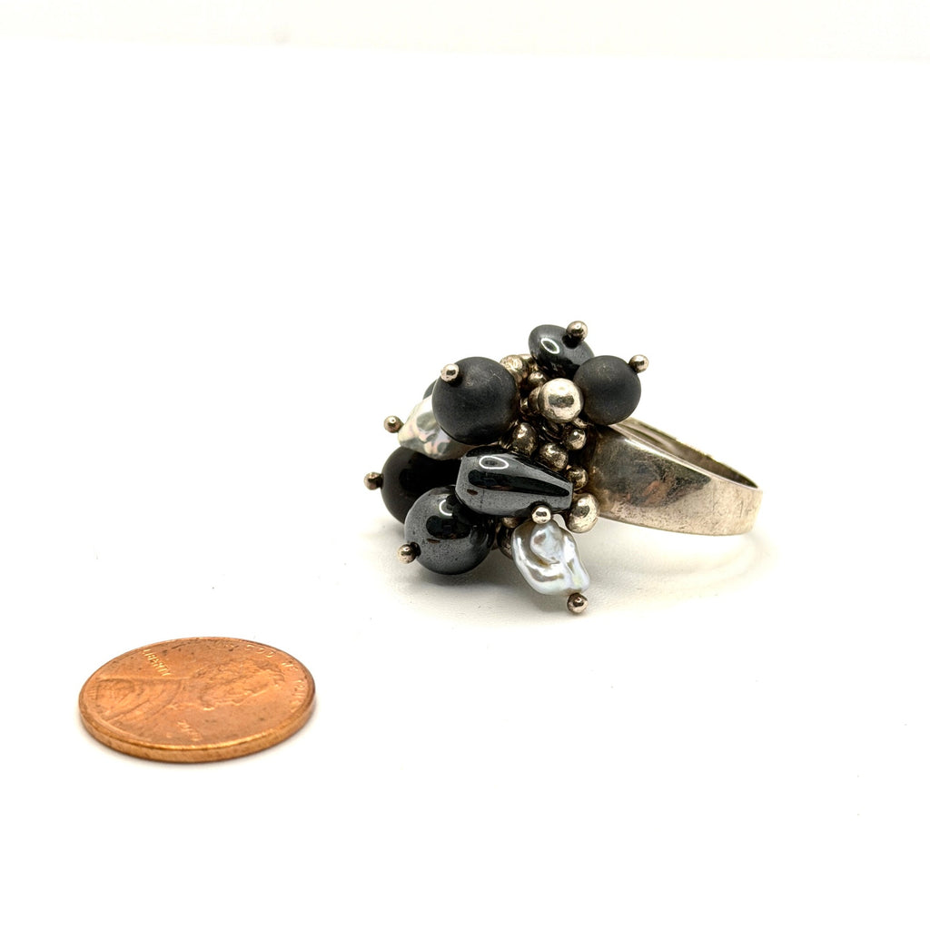 Vintage 90s JCM Signed 925 Sterling Silver Hematite Pearl Cluster Ring