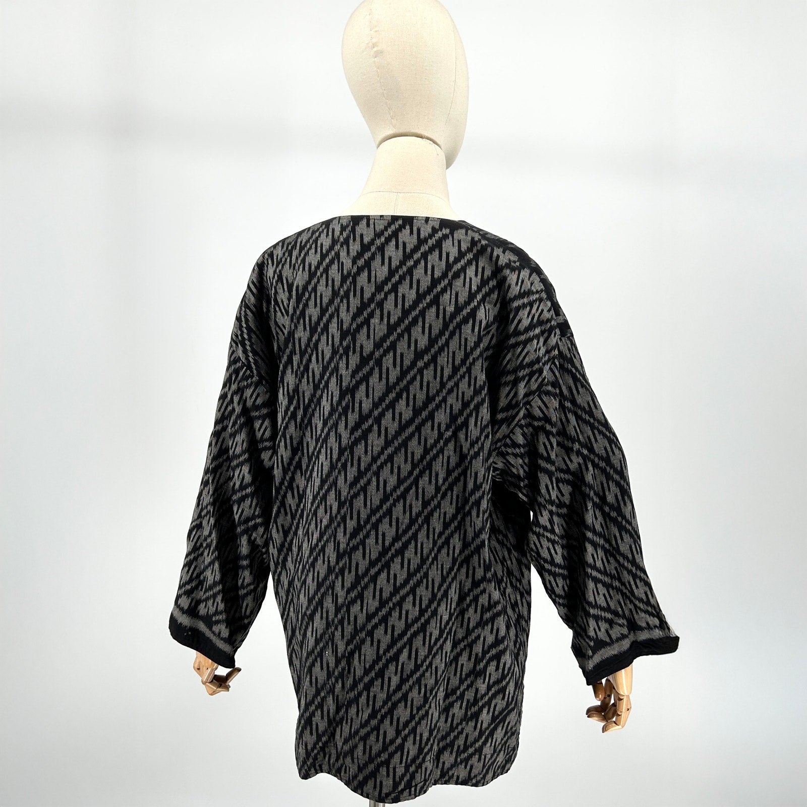 Vintage 90s Nadya Black Gray Ikat Reversible Asymmetrical Jacket