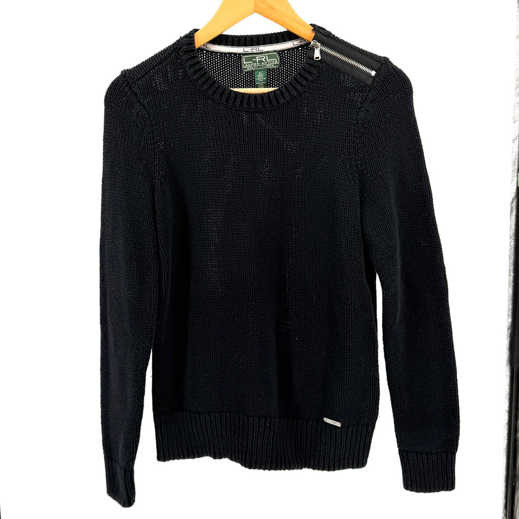 Lauren Active Ralph Lauren Black 100% Cotton Shoulder Zip Elbow Patch Sweater