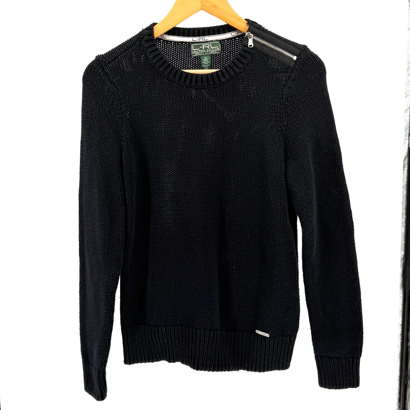 Lauren Active Ralph Lauren Black 100% Cotton Shoulder Zip Elbow Patch Sweater