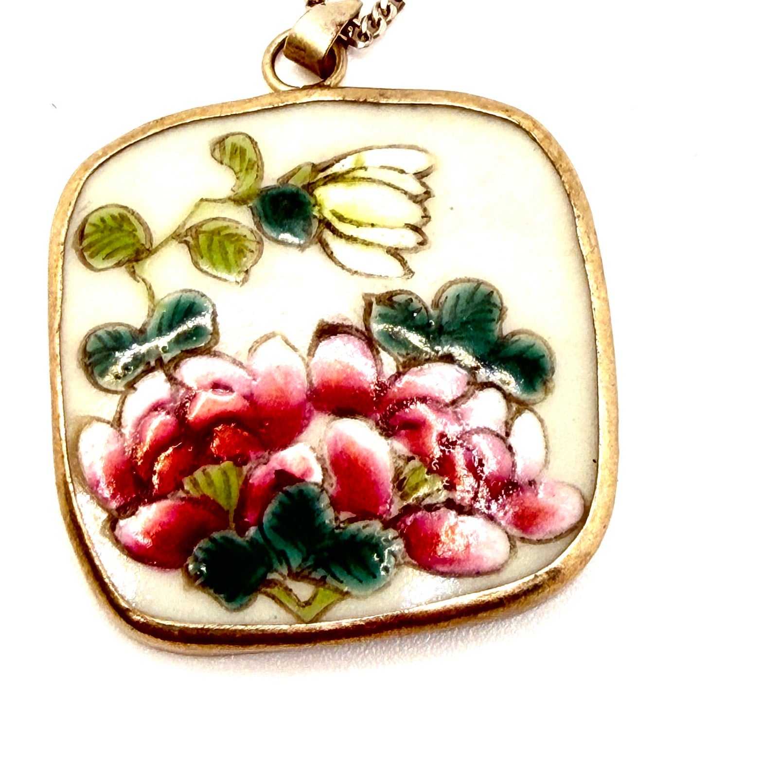 Vintage 90s Pink White Green Sterling Silver Chinoiserie Shard Necklace