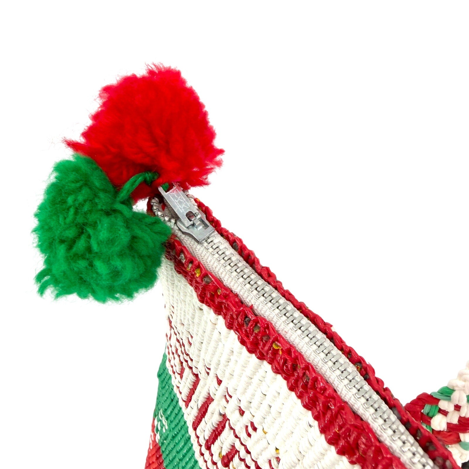 Vintage 70s Handmade Plastic Woven Panama Pom Pom Handbag