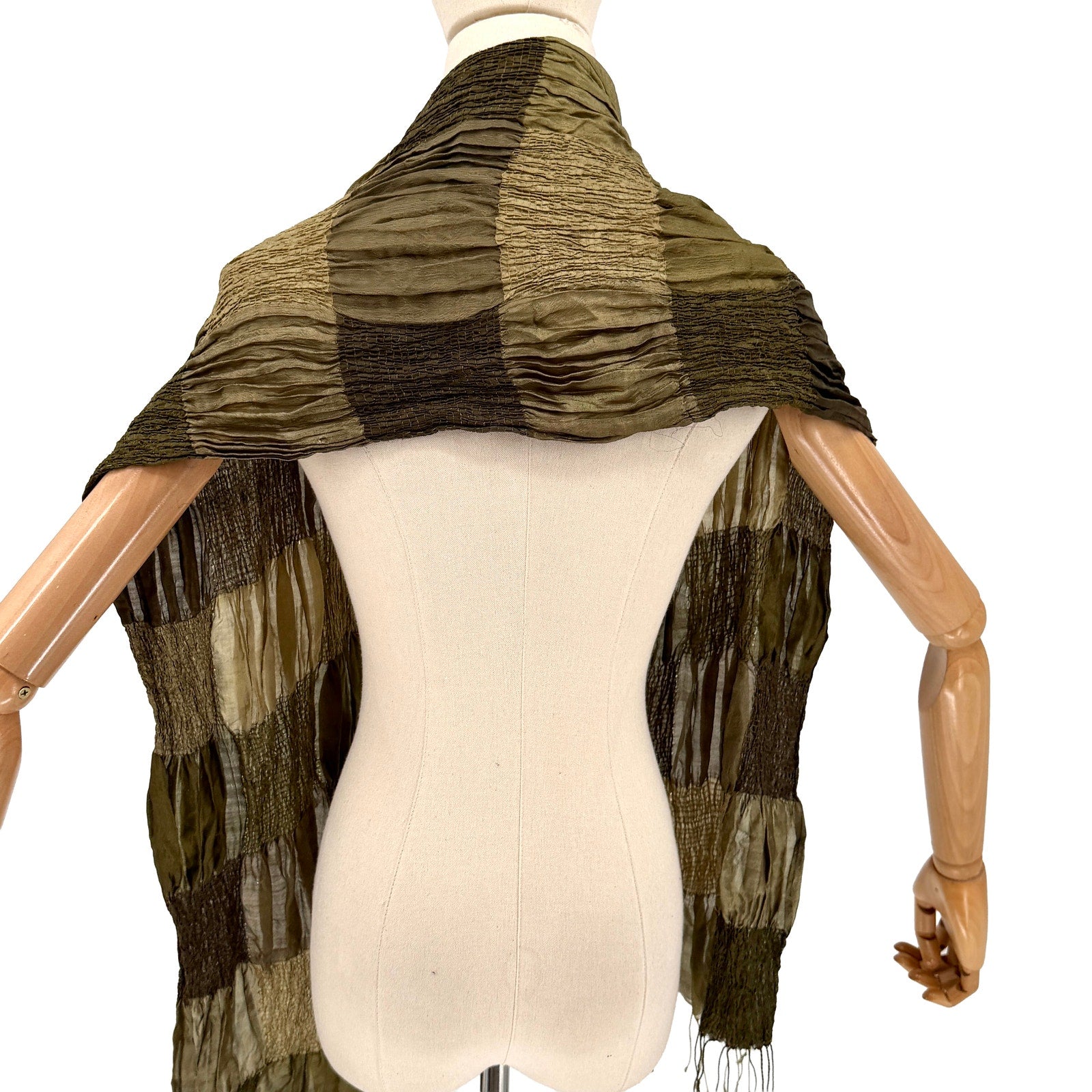 Vintage Y2K Olive Sage Green Silk Crinkled Patchwork Scarf