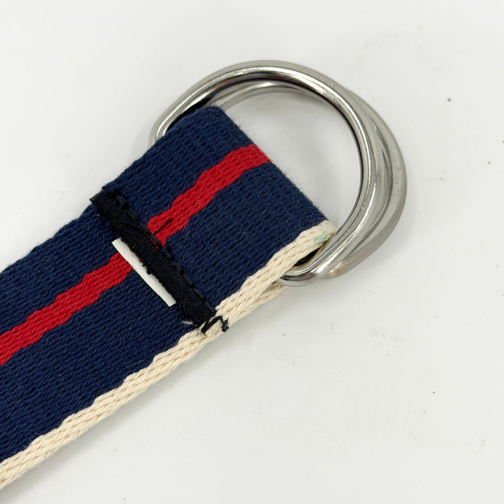 Navy Blue Red Striped Woven Nautical Preppy D-Ring Belt