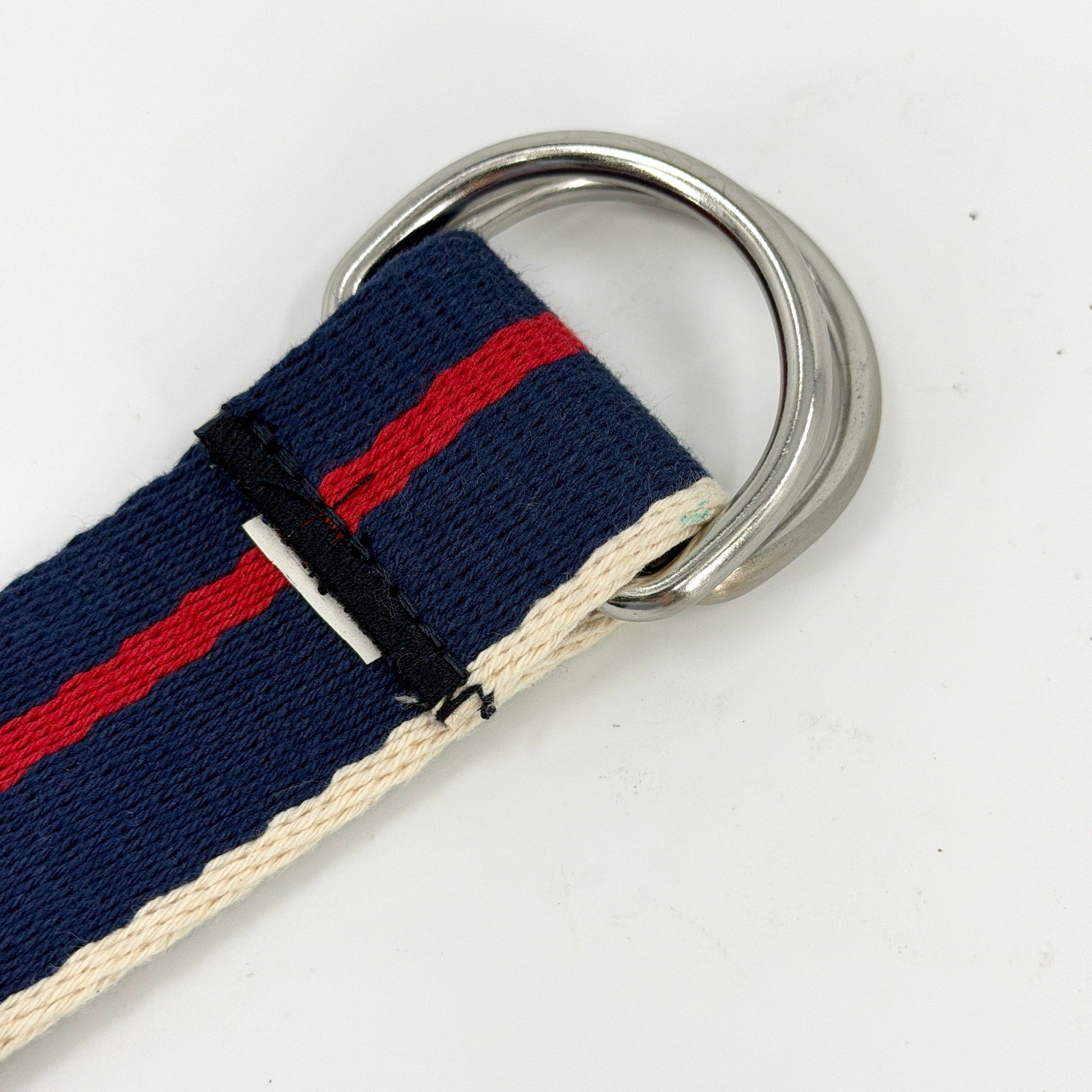 Navy Blue Red Striped Woven Nautical Preppy D-Ring Belt