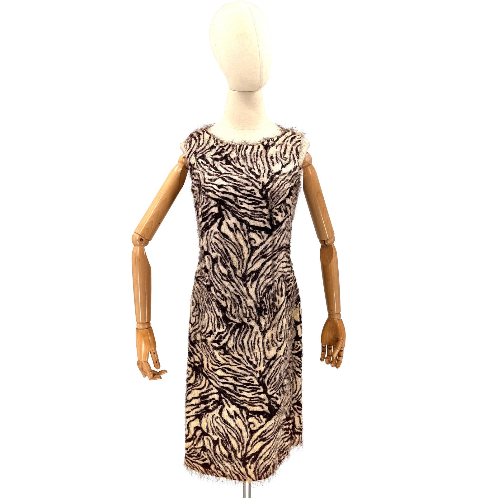 Vintage 60s Handmade Cream Eggplant Purple Eyelash Knit Zebra Pencil Dress