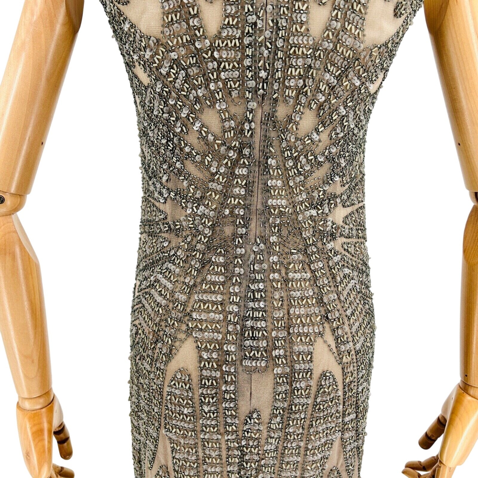 Vintage Y2K Farah Khan Beige Silver Beaded Sequin Bodycon Cocktail Dress