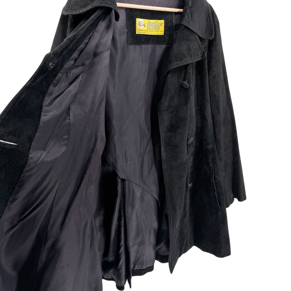 Vintage 70s Leather House Black Genuine Leather Suede Double Breasted Coat