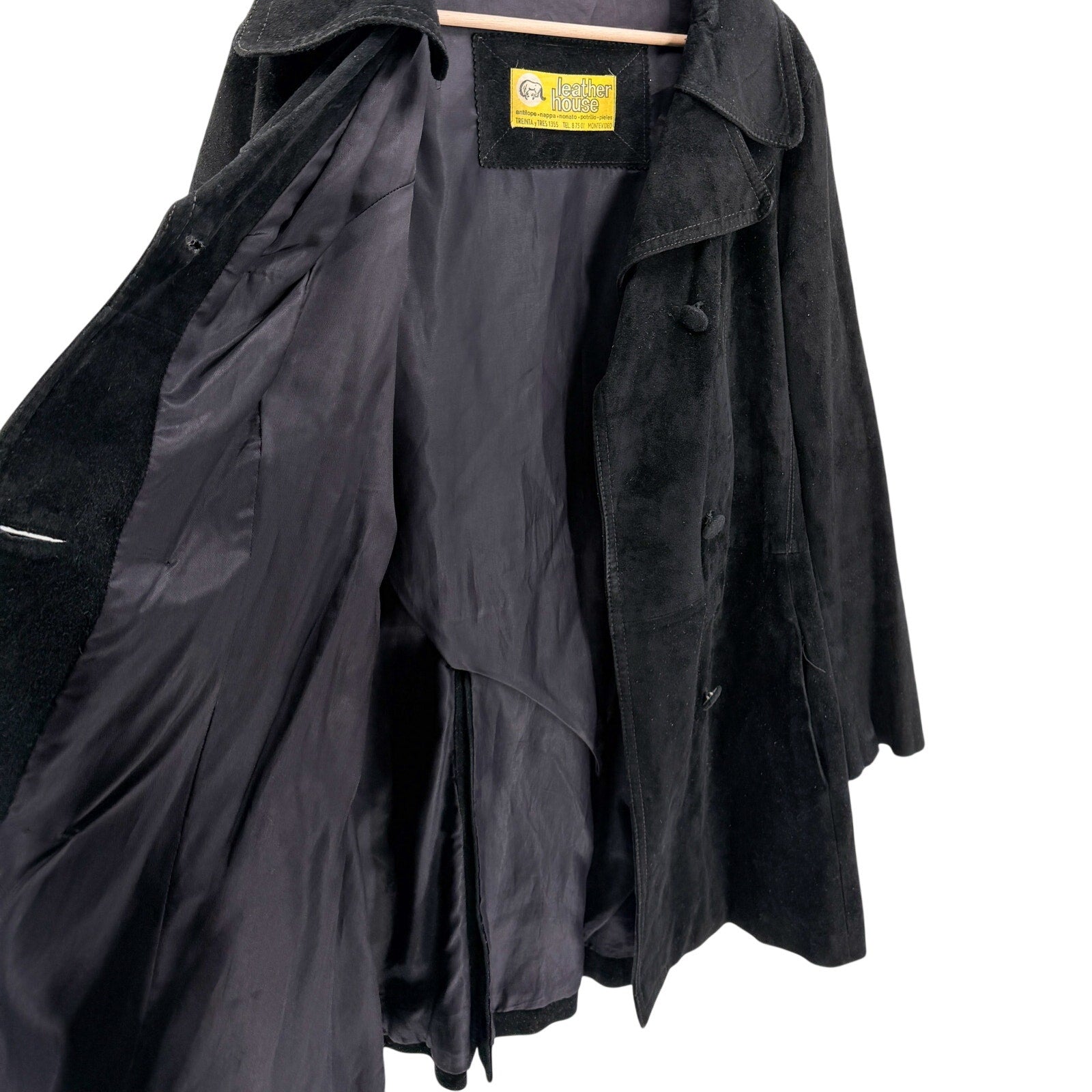 Vintage 70s Leather House Black Genuine Leather Suede Double Breasted Coat