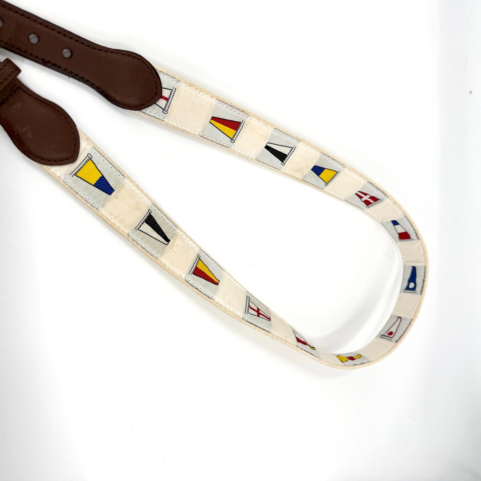 Vintage 90s White Woven Nautical Signal Flag Canvas Leather Trim Belt