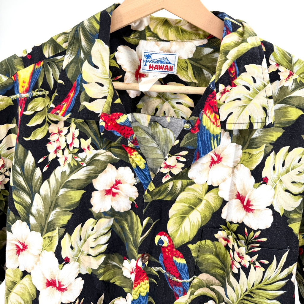 Vintage 80s Made in Hawaii Black 100% Cotton Parrot Hibiscus Hawaiian Shirt