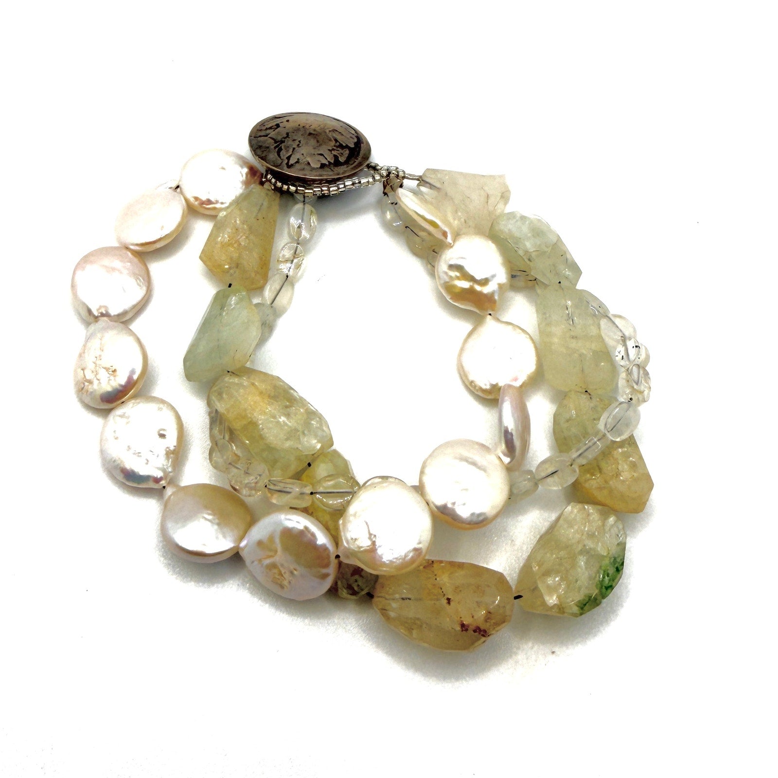 Vintage 90s Artisan Buffalo Nickel Coin Pearl Prehnite Multi Strand Bracelet