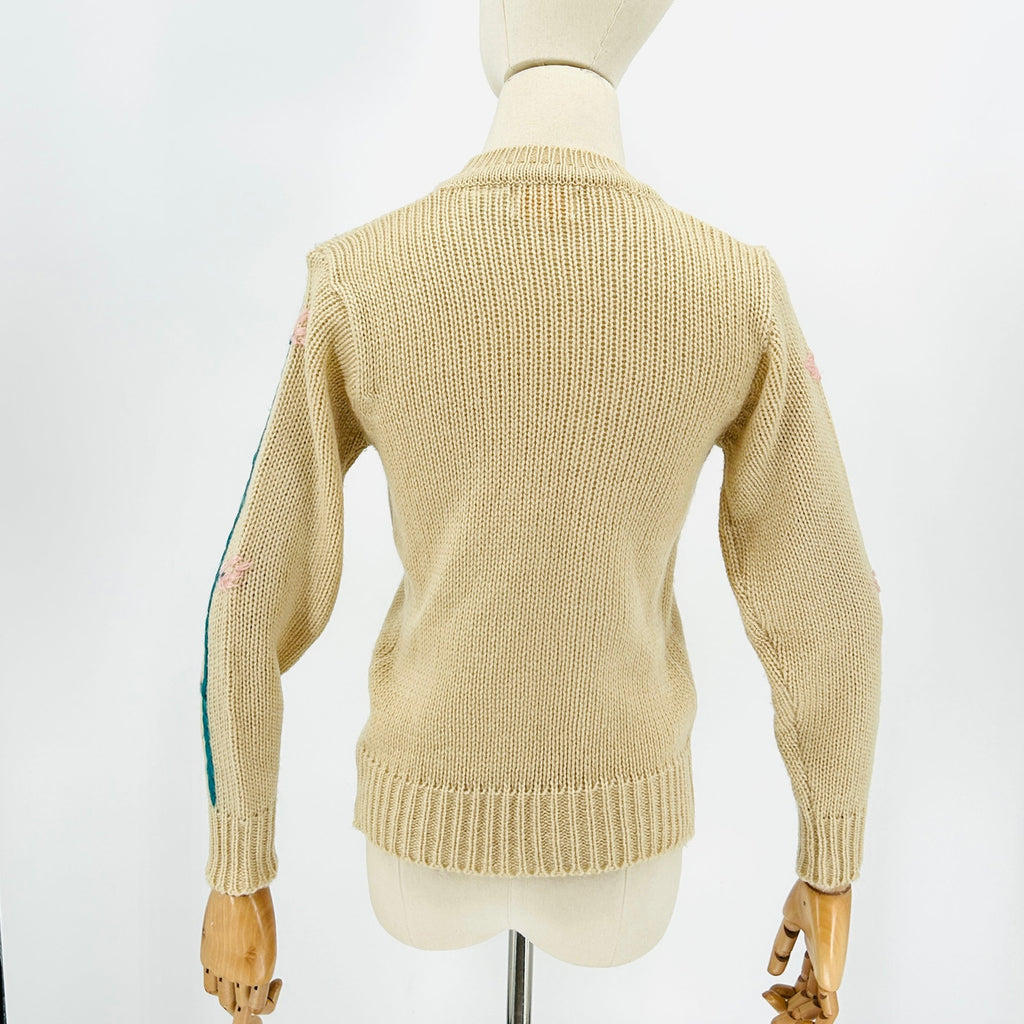 Vintage 80s Beige Teal Pink Floral Embroidered Sweater