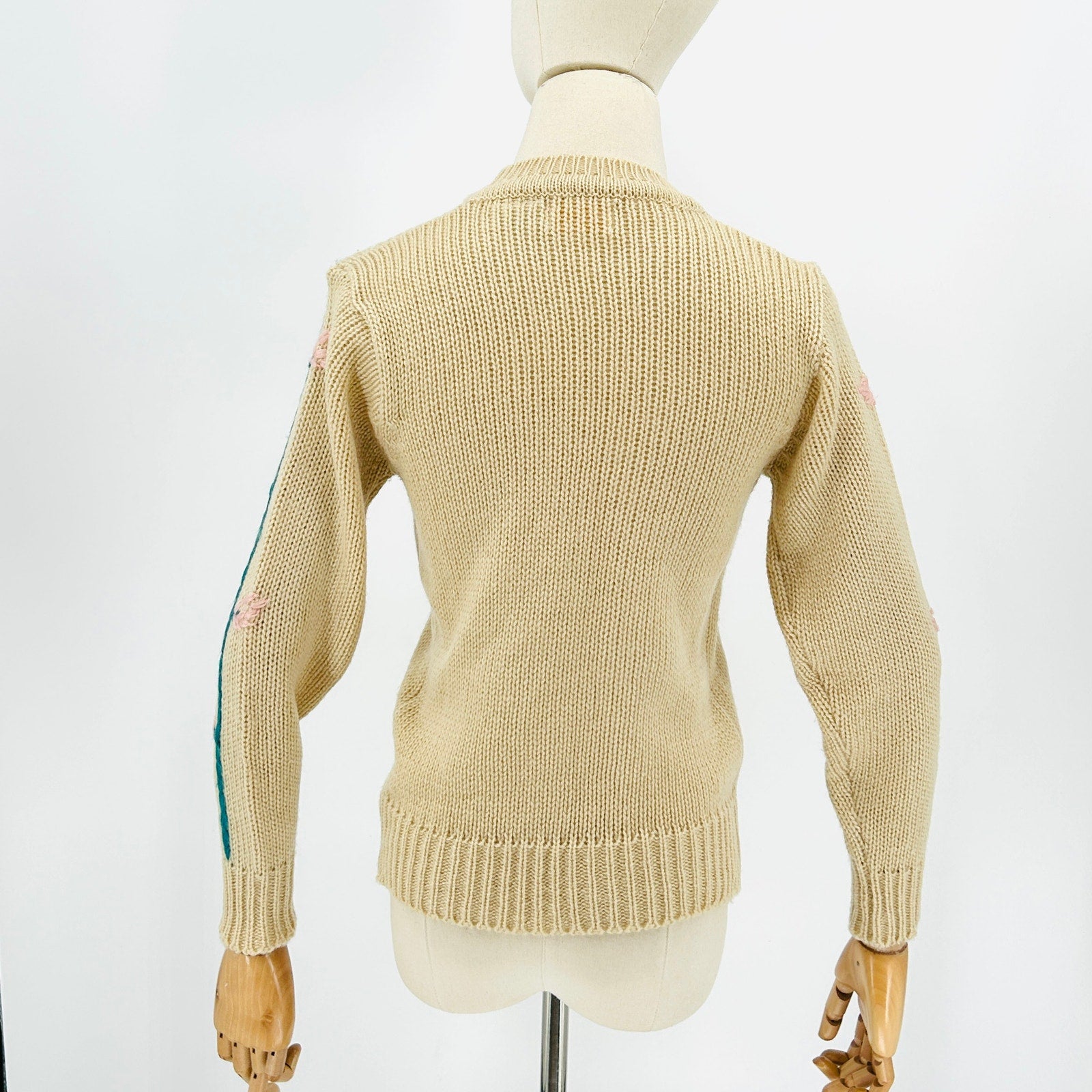 Vintage 80s Beige Teal Pink Floral Embroidered Sweater