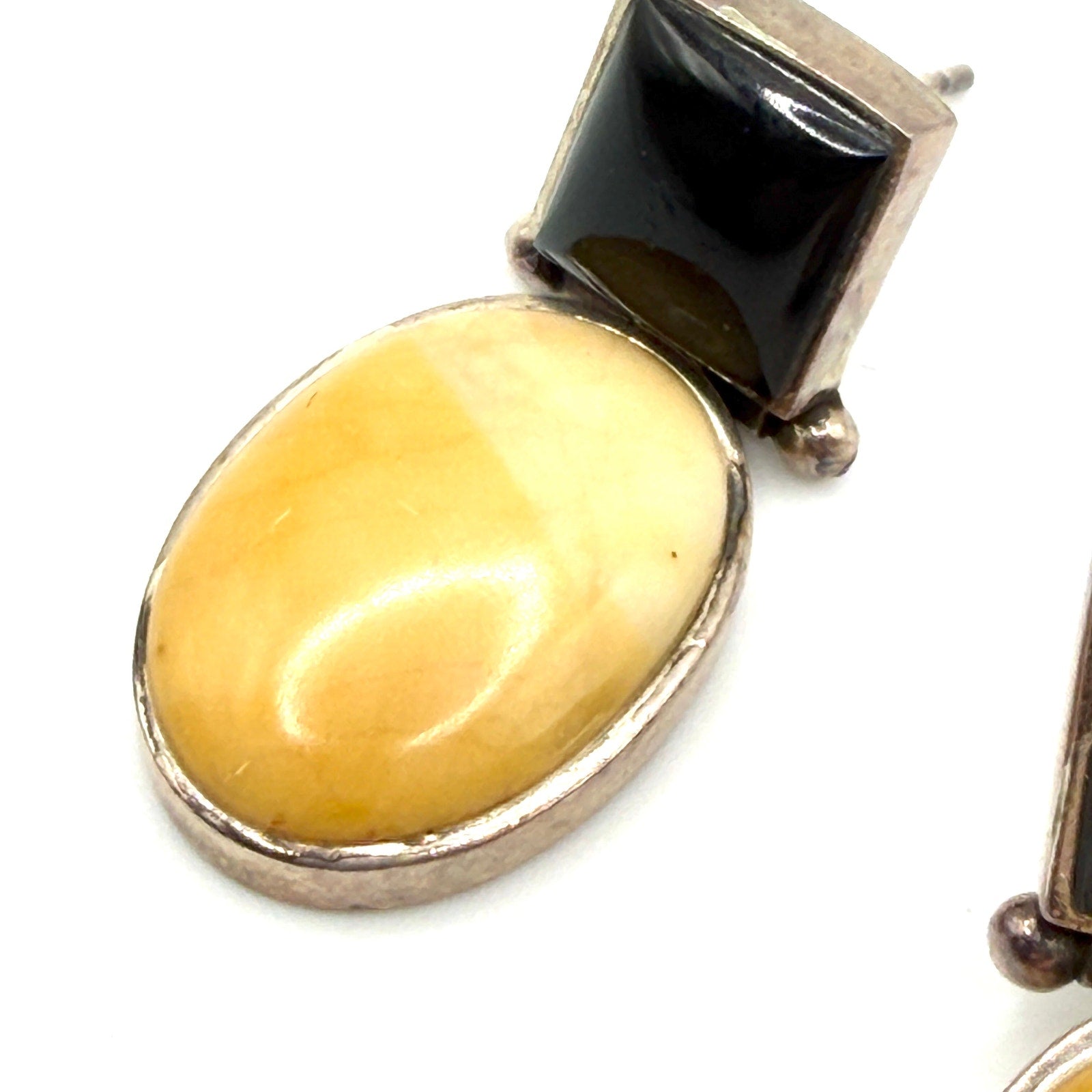 Vintage 90s Sterling Silver Butterscotch Amber Onyx Inclusion Drop Earrings