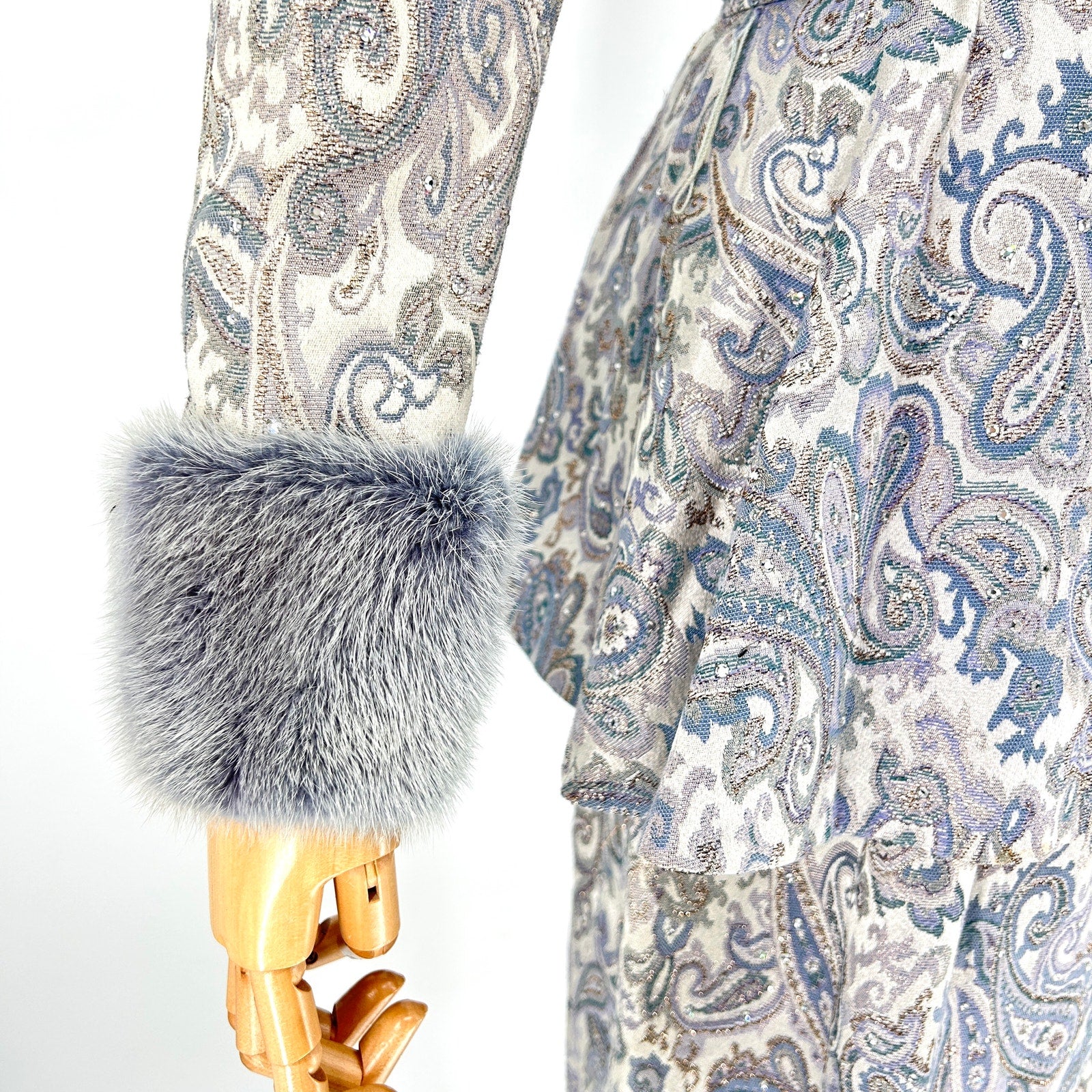 Vintage 80s Ice Blue Silver Brocade Crystal Embellished Mink Cuff Gown Dress