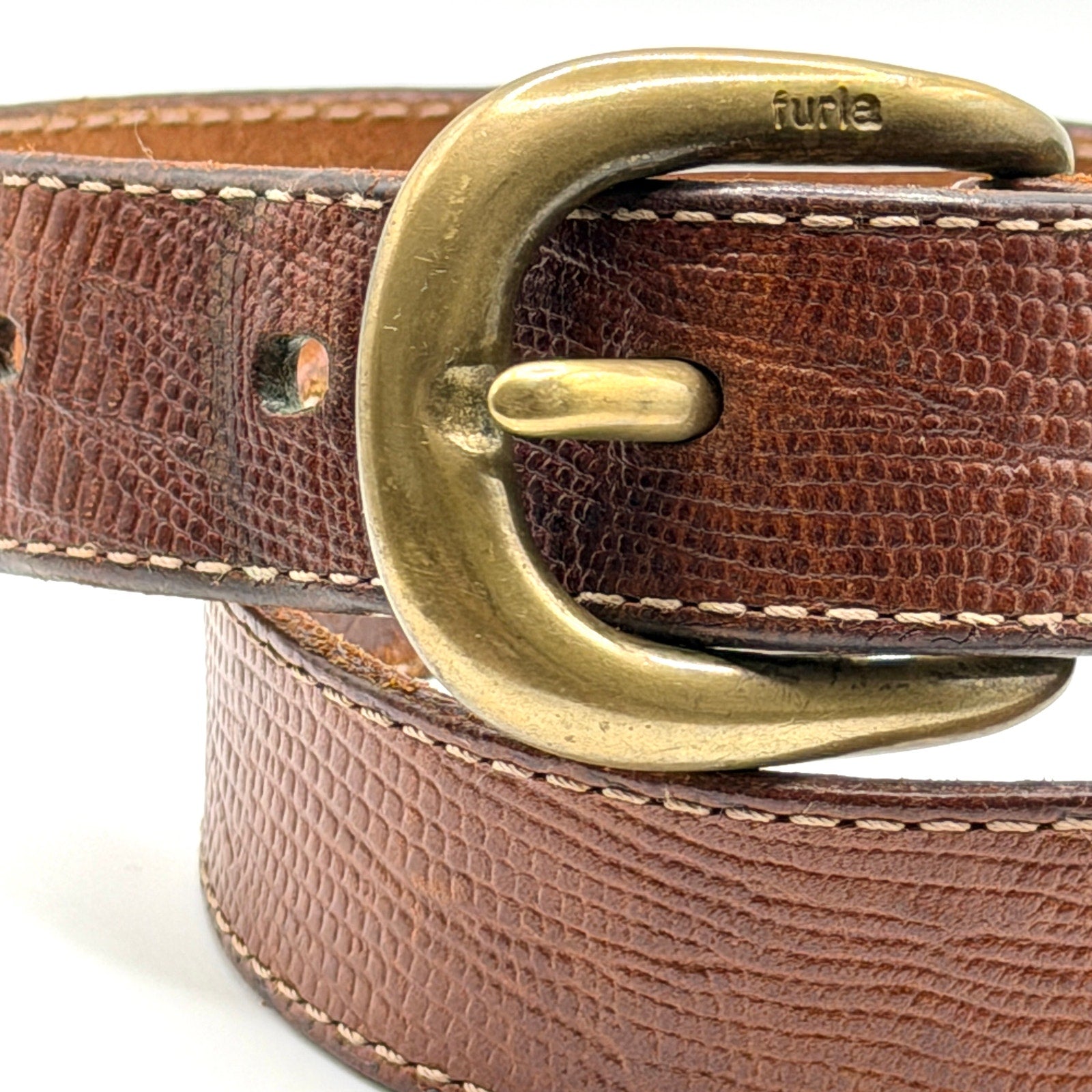 Vintage 90s Furla Brown Lizard Embossed Leather Brass Buckle Belt