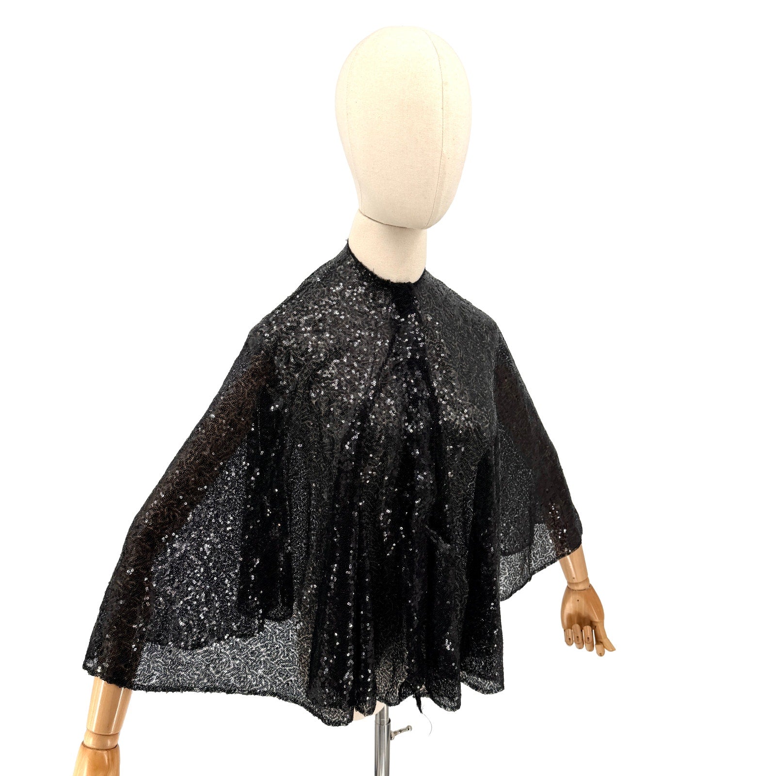 Black Sheer Sequin Evening Poncho Cape With Velcro Closure