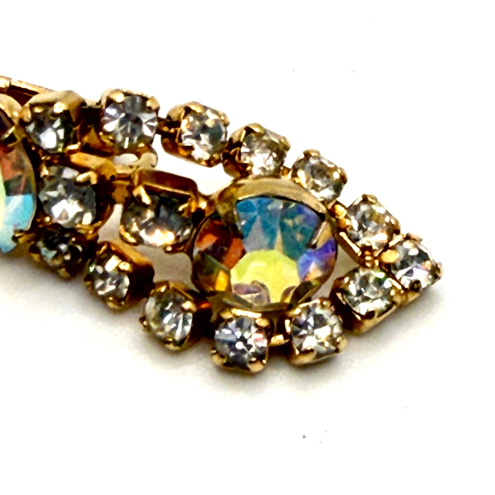 Vintage 50s Aurora Borealis Rhinestone Gold Tone Bib Necklace Earring Set