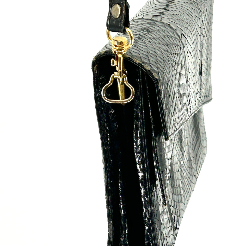 Vintage 80s Black Genuine Snakeskin Gold Hardware Crossbody Clutch