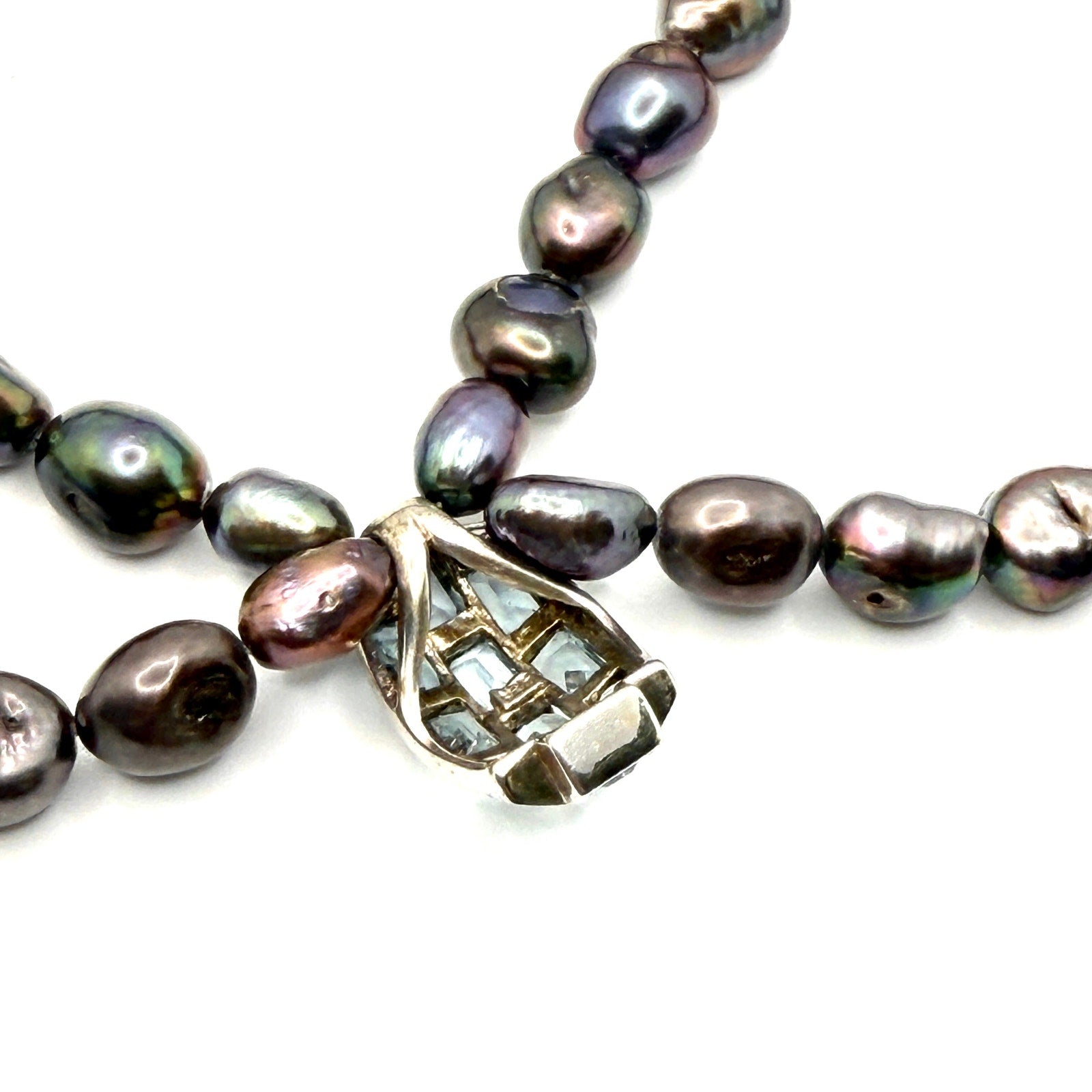 Vintage Y2K Peacock Pearl Blue Topaz Sterling Silver Double Strand Necklace